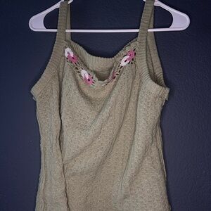 Women's Olive Green Knit Tank Top Crotchet